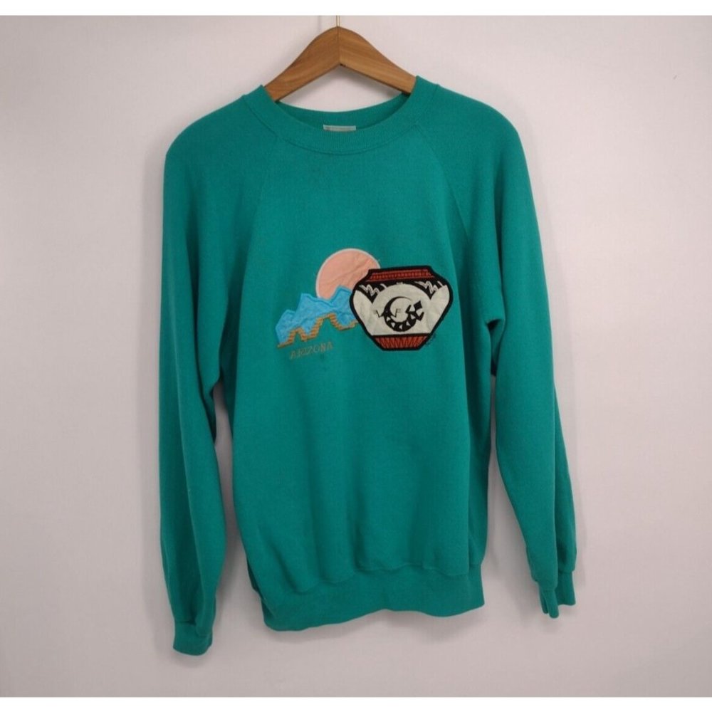 VTG Arizona Embroidered Sunset Mountains Pottery Green Sweatshirt Mens L